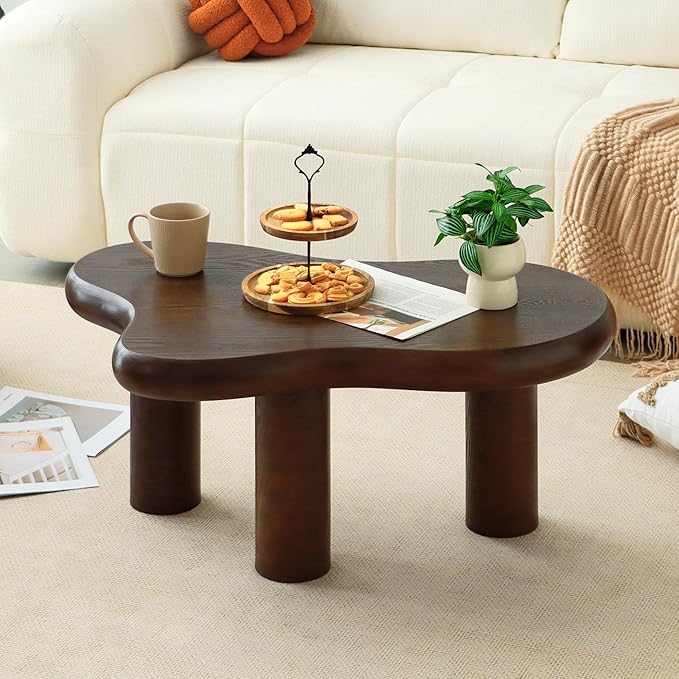 34"(L) Cloud Coffee Table, Modern Wood Coffee Table for Living Room, Accent Unique Center Tables with 3 Legs, Small Tea Tables for Balcony, Patio, Bedroom, Walnut