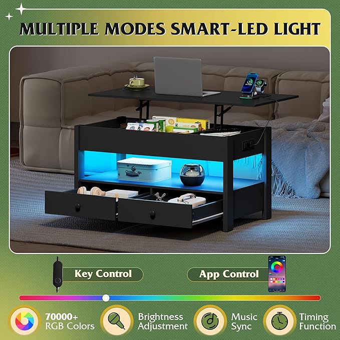 WLIVE Coffee Table, Lift Top Coffee Table with 2 Drawers, LED Light, Large Hidden Compartment and Open Shelf, Lift Tabletop, Dining Table for Living Room, Black