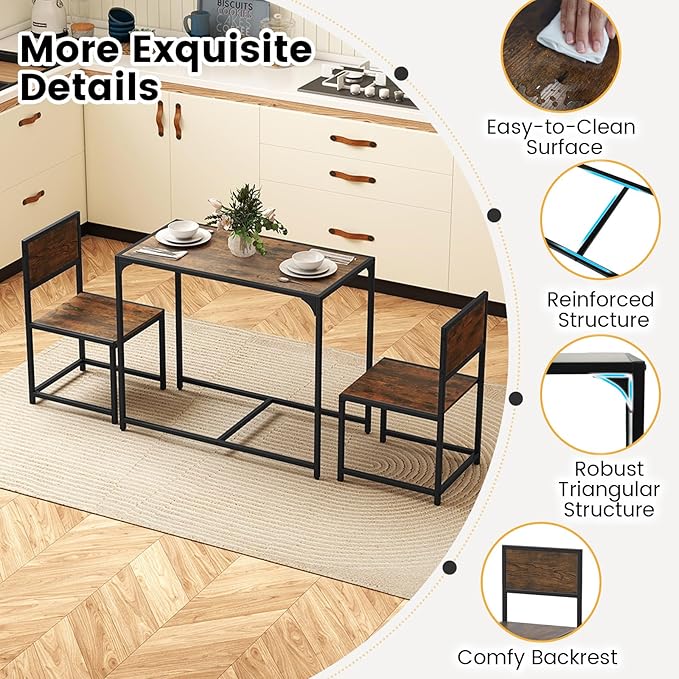 COSTWAY Small Dining Table for 2, Industrial Table and Chairs Set w/Metal Frame, Wood Grain Surface, 3-Piece Dinette Set, Space-Saving Kitchen Table Set for Small Place, Apartment, Home (Rustic Brown)
