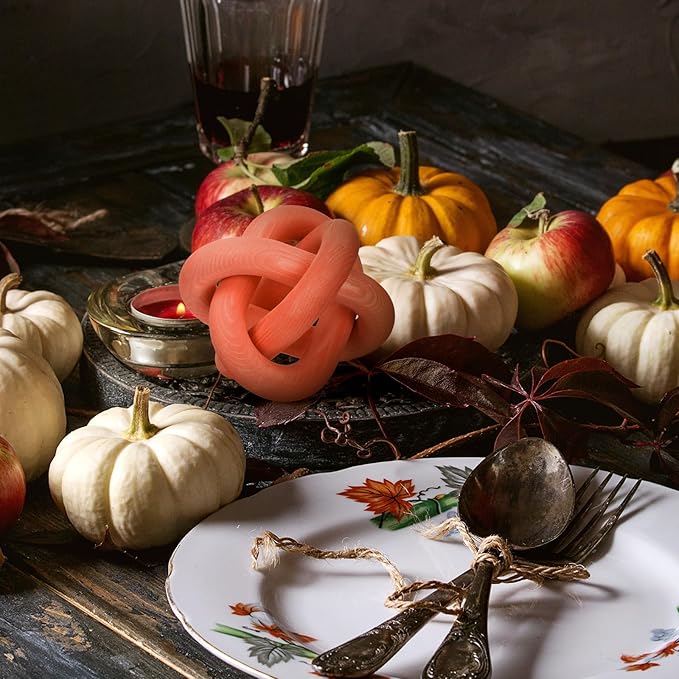 3 Link Wood Knot Decor - Hand Carved Coffee Table Decoration, Boho Chain Link Decor, Modern Shelf, Rustic Objects for Home Living Room Bedroom (Orange)