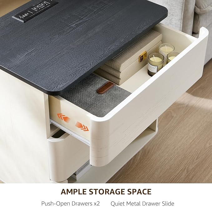 ACCOHOHO Nightstand with Charging Station, 22" Push-to-Open Bedside Table with 2 Storage Drawers, Large Modern End Table for Bedroom,Living Room,White