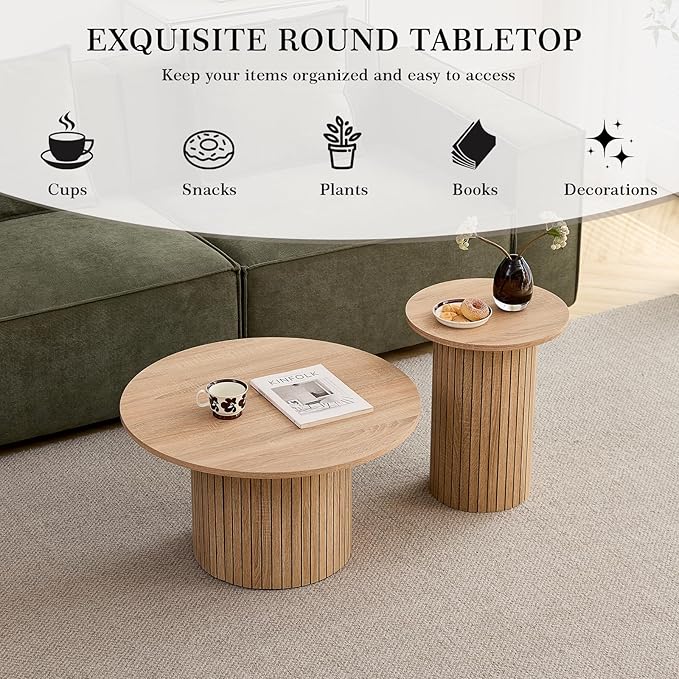 Small Nesting Table Set of 2 Mid Century Modern Wood Round Coffee Tables Boho Circle Side Table for Small Spaces Living Room Comedor Home Office(Natural)