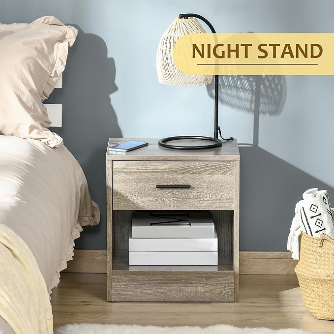 HOMCOM Modern Side Table, Accent Table with Drawer and Storage Shelf, End Table for Living Room, Gray Wood Grain