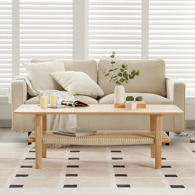Farmhouse Coffee Table with Rattan Storage Boho Mid Centry Modern Center Table with Under Shelf Wood Living Room Table with Woven Shelf Underneath for Living Room Lounge, Natural Color