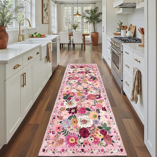 Pink Rug for Hallways Kitchen Rug 2x8, Non Slip Washable Rugs with Rubber Backing Soft Floral Carpet Runner for Hallways, Kitchen, Laundry, Bedroom, Bathroom (2 x 8, Pink Garden)