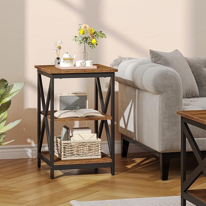 Bigbiglife Living Room Coffee Table Set of 3, Industrial X-Design Coffee Table and 2 End Side Tables, 3 Piece Living Room Table Set with Large Storage for Apartment Home (Dark Rustic Brown)