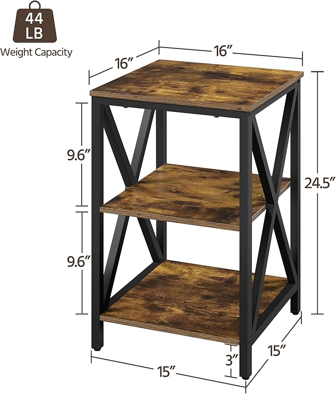 Yaheetech Industrial End Tables Set of 2, 3-Tier Side Tables with Storage Shelves for Living Room, X Design, Strong Metal Frame, Easy Assembly, 16x16x24.5 in, Rustic Brown