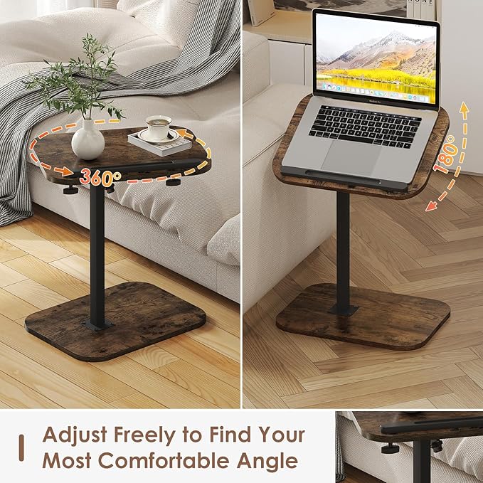 Side Table Sofa Tv Tray Height Adjustable C Shaped End Table 360° Swivel Overbed Living Room Couch Table, Rustic Brown