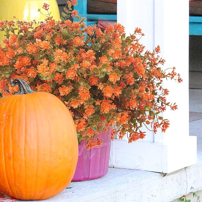 12 Bundles Artificial Fall Flowers for Outdoors, Artificial Plants UV Resistant Fall Fake Mums Plants for Outside Halloween Christmas Porch Decoration ecorations (Fall Red)