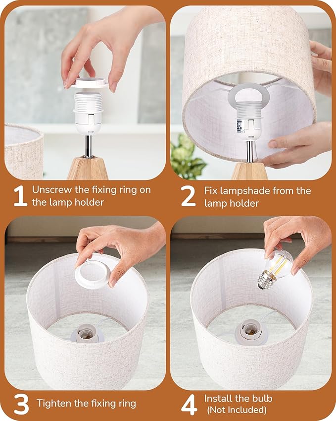 EDISHINE Small Table Lamp, Boho Bedside Lamp with Linen Fabric Shade, Wood Tripod Nightstand Lamp for Nursery, Living Room, Bedroom, Narrow End Table, UL Listed, 14.2 Inch, ON/Off Switch