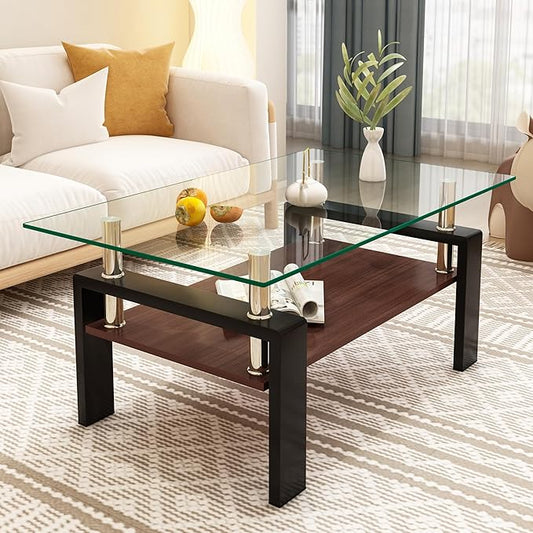 Modern 2-Tier Coffee Table with Tempered Glass Top, MDF Shelf & Metal Legs, Rectangular Living Room Center Table, Sturdy & Stylish Table for Small Spaces, Lounge or Office