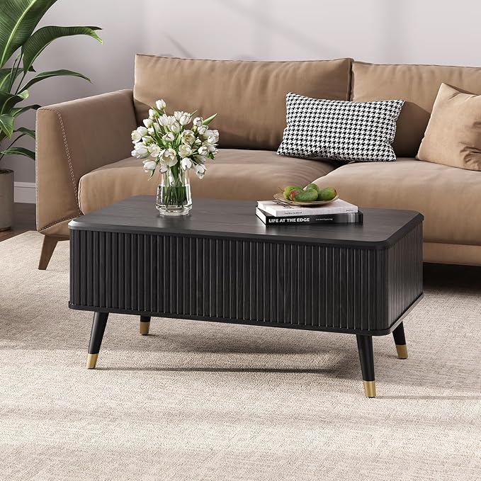 Lift Top Coffee Table with Storage Shelf & Hidden Compartment, Mid Century Modern Fluted Rectangle Dining Table for Living Room, Home Office,Black
