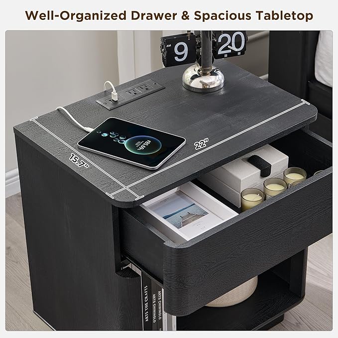 ACCOHOHO Modern Nightstand Set of 2 with Charger Station, 22" Wide Night Stand with Storage Drawer & Open Shelf, Large Bedside Table for Bedroom, Wood End Table, Curved Profile, Black