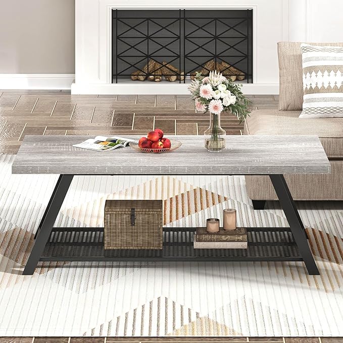 FOLUBAN Industrial Coffee Table, Rustic Wood and Metal Center Table with Storage, Modern Rectangle Cocktail Tea Table for Living Room Office, Light Grey, 47 Inch