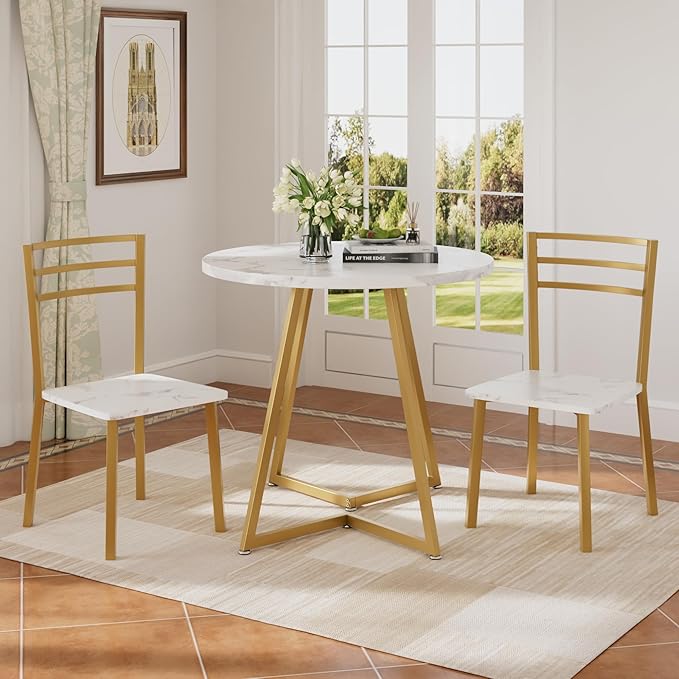 VECELO Small Round Dining Table Set for 2, Wood Tabletop with Strong Metal Frame, Modern Dinette with Chairs for Kitchen, Breakfast Nook Living Room, White & Gold