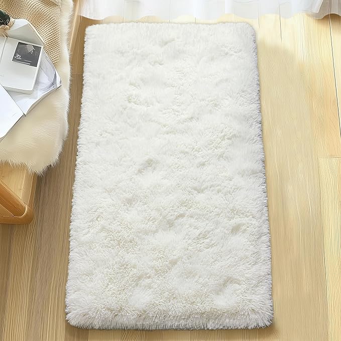 Small Runner Rugs for Bedroom Hallways, 2x4 Runners for Hallways Fluffy Shag Throw Area Rug Non Slip for Bedside Dorm, Shag Rugs for Girls Boys Bedroom, Floor Carpet Runner for Kids Dorm, Cream White