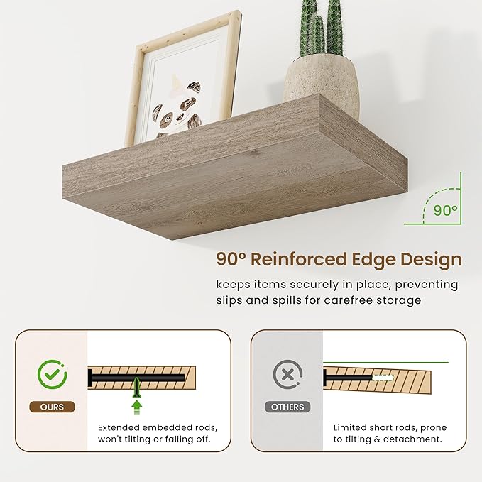 16in Floating Shelves for Wall, 16"W x 9.25"D x 1.25"H, 2 Pack Long Wall Mounted Engineered Wood Shelves with Invisible Brackets for Living Room, Bedroom, Bathroom, Kitchen Decor and Storage, Grey