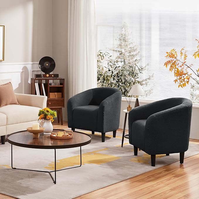 Yaheetech Accent Barrel Chair, Boucle Fabric Club Chair, Furry Sherpa Elegant Armchair with Cozy Soft Padded, Suitable for Living Room Bedroom Reception Room Office, Dark Gray