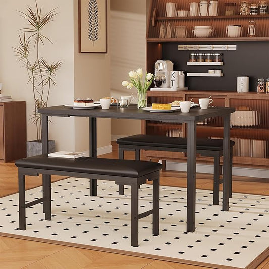 Garvee Dining Table Set for 4, 3-Piece Kitchen Table with 2 Upholstered Benches, Space-Saving Dining Room Set for Breakfast Nook and Small Spaces, Black