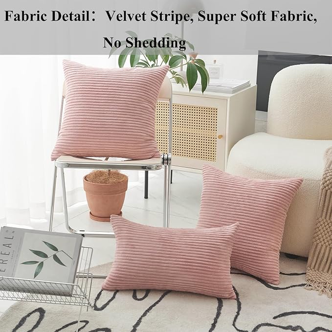 Home Brilliant Pillow Covers 20x20 Decorative Soft Velvet Corduroy Striped Square Throw Pillow Pack of 2 Cushion Cover for Bench, 50 x 50 cm, 20 x 20 Inch, Baby Pink