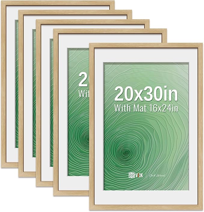 VCK 20x30 Poster Frame 5 Pack - Natural Oak, High-End Wood Picture Frames with Polished Plexiglass, Display 16x24 Photo with Mat or 20x30 without Mat, Art Gallery-Quality, Wall Hanging, Natural Oak