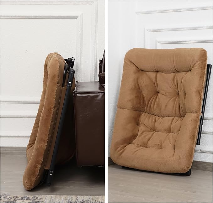 Comfy Saucer Chair for Adults, Soft Faux Fur Bedroom Chair with Ottoman, Accent Dorm Chairs, Living Room Reading Chairs and Footstool, Folding Lounge Seat for Teens, X-Large, Brown