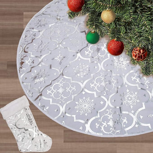 Flash World 36 Inch Large Christmas Tree Skirt Xmas Soft Cover Mat Decor Snowflake Collar Farmhouse Tree Skirt for Holiday Ornaments Party Home Indoor Decorations (White, 36INCH)