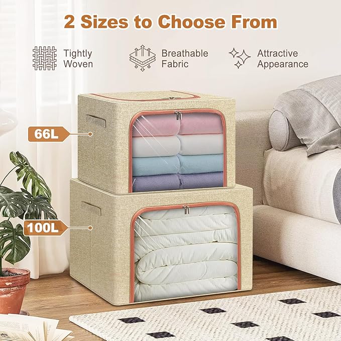 3 Pack Foldable Storage Bins with Metal Frame, Large Capacity Stackable Clothes Organizer with Clear Window & Carry Handles, Linen Fabric Storage Boxes for Closet (Beige, 3PCS-Large-66L)