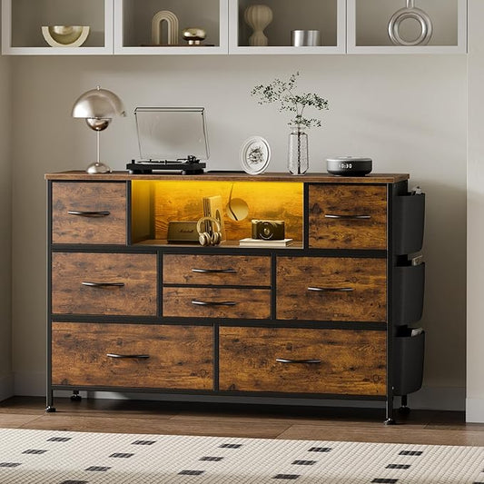 Dresser for Bedroom with 8 Drawers, Dresser TV Stand with LED Lights, Fabric Chest of Drawers with Side Pocket for Living Room, Entryway, Bedroom Furniture (Rustic Brown)