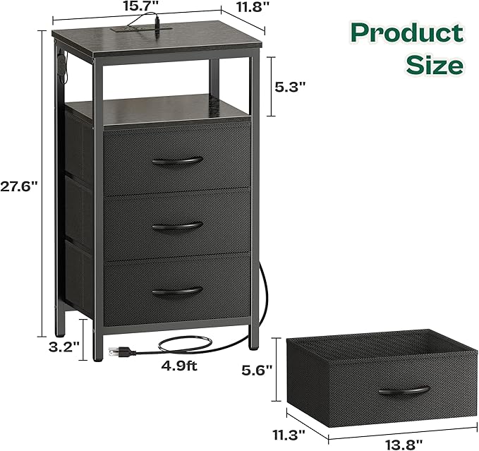 Huuger Night Stand with Charger Station and LED Lights, 3 Drawer Nightstand, Bed Side Table with Open Shelf, End Table, Tall Fabric Dresser for Bedroom, Black