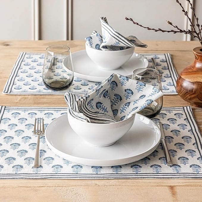 Over&Back Set of 4 Hand-Blocked Placemats - Colorful Dining Table Mat - Each Placemat is Unique - 100% Cotton - Machine Washable - Kitchen and Home Decor - Blue Flower