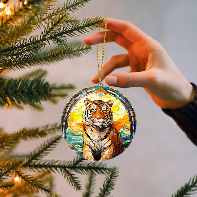 Christmas Tree Decorations Tiger Ornament, Colored Ceramic Christmas Tree Ornaments, Xmas Decorative Hanging Ornaments, Christmas Decor Indoor Home Holiday Party Gifts Tiger