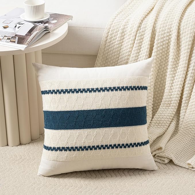 Fancy Homi Set of 2 Boho Teal Decorative Throw Pillow Cover 16x16 Inch for Couch Bed Sofa, Aesthetic Modern Organic Farmhouse Home Decor, Soft Cotton Cute Accent Macrame Woven Cushion Case