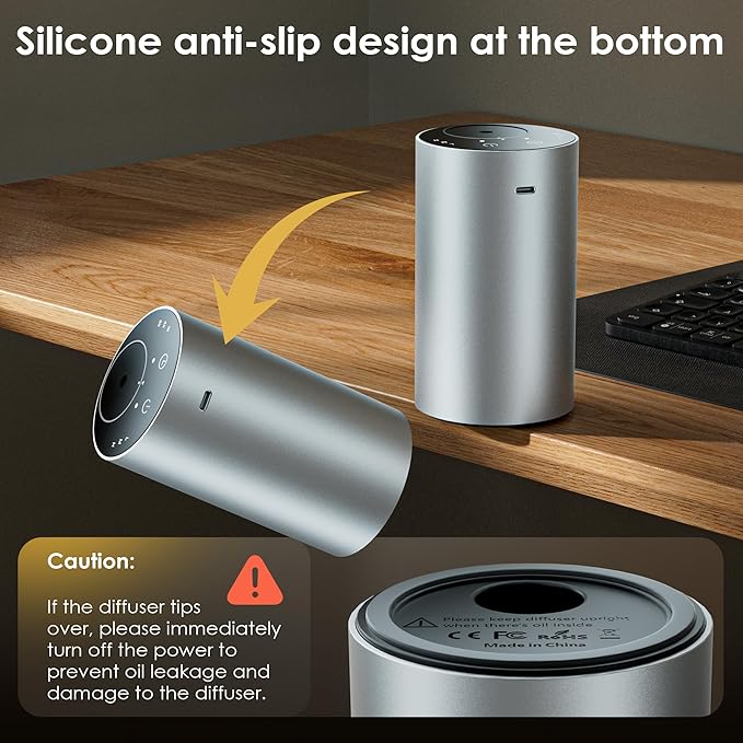 Essential Oil Diffuser with 3 Spray Modes, Battery Operated, LED Timing Display, Aromatherapy Diffuser, 1/4/8-Hour Timer, 10ml Oil Bottle, and 3 Mist Settings for Home, Car (New Silver)