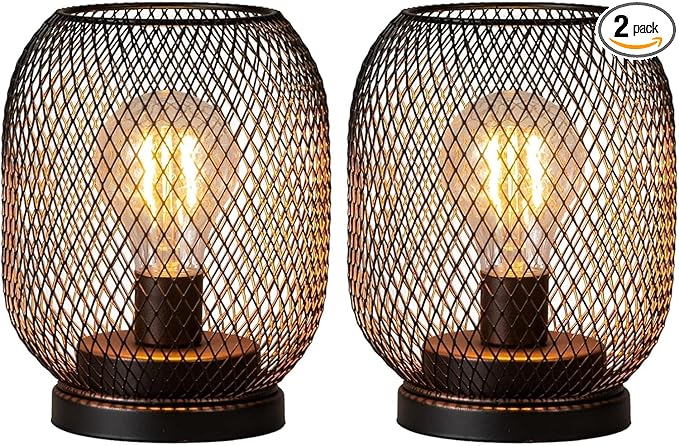 DECORKEY Set of 2 Battery Operated Lamp LED Table Lantern, Brown Metal Cage Cordless Lamps with LED Bulb，Vintage Decorative Outdoor Lantern for Weddings, Parties, Patio, Events for Indoors Shelf Decor