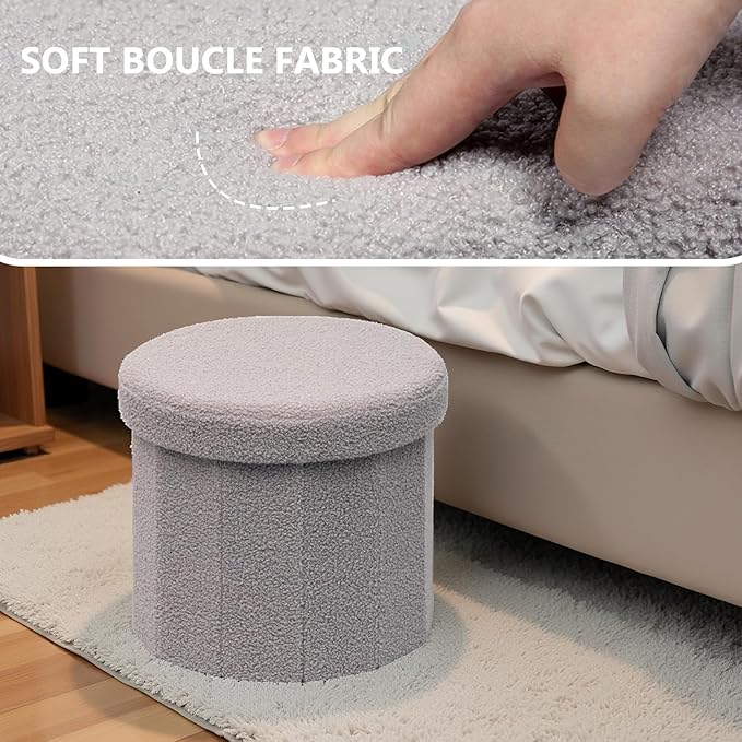 15 Inchs Round Storage Ottoman, Small Foldable Foot Stool with Hidden Storage for Living Room, Bedroom - Compact Organizer for Small Spaces,Grey