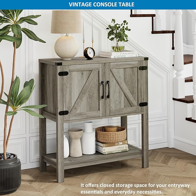 Console Table with 2-Door Cabinet Coffee Bar Cabinet Sofa Table,Entryway Table with Storage, Farmhouse Buffet Sideboard (Grey)