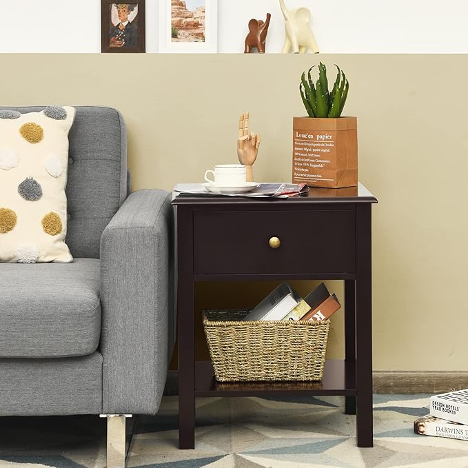 Giantex Nightstand, 2-Tier End Table with Drawer and Open Storage Shelf, Modern Bedside Tables, Wooden Side Table Night Stand for Bedroom, Dorm, Small Spaces, Easy Assembly, Espresso