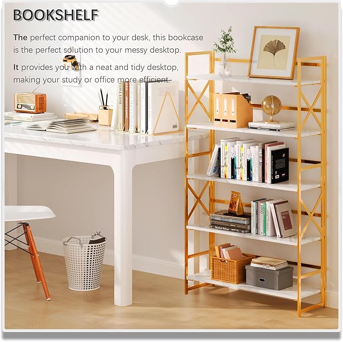 4NM Extra Wide 5 Tiers No Assembly Book Shelves, 51.2" H Folding Bookshelf Bookcase Open Industrial Foldable Shelves for Bedroom, Living Room, Home Office - White Gold