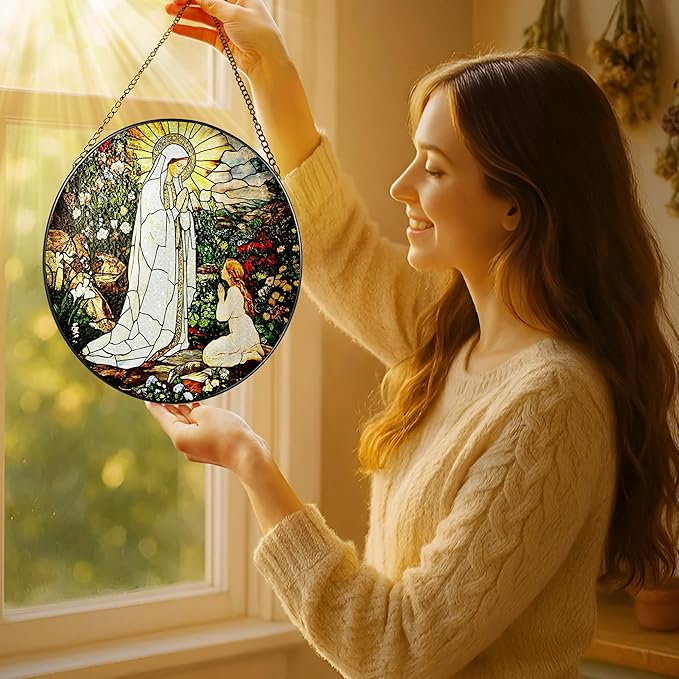 8 Inch Lady of Lourdes Stained Glass Suncatcher, Stained Glass Window Hanging, Virgin Mary Religious Window Hanging, Gift for Mothers Day, Catholic Home Decor, Faith Gift for Christian, Religious Gift