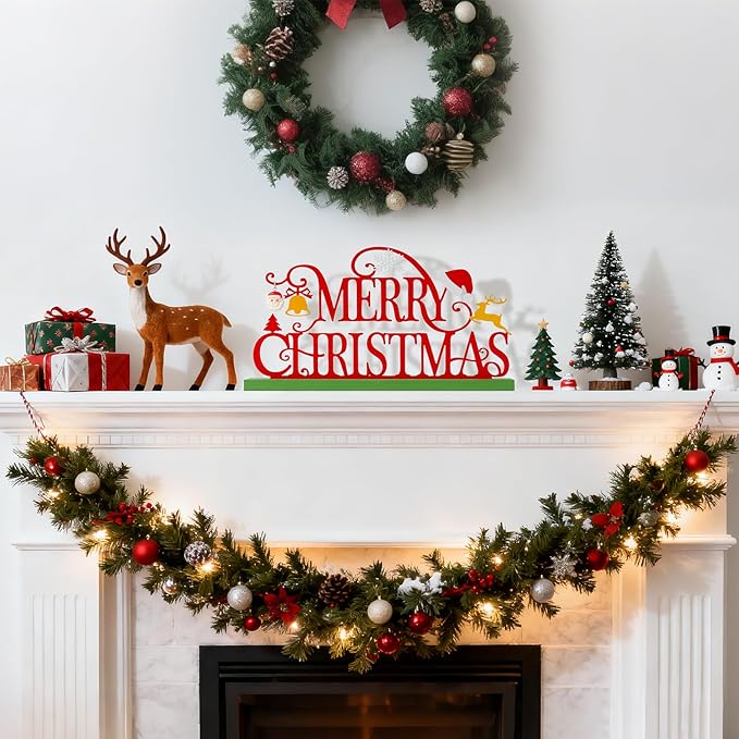Metal Holiday Table Sign Decor, Decorations Tabletop Centerpiece for Home, Office, Shelf, Tiered Tray, Mantel, Indoor, Merry Christmas