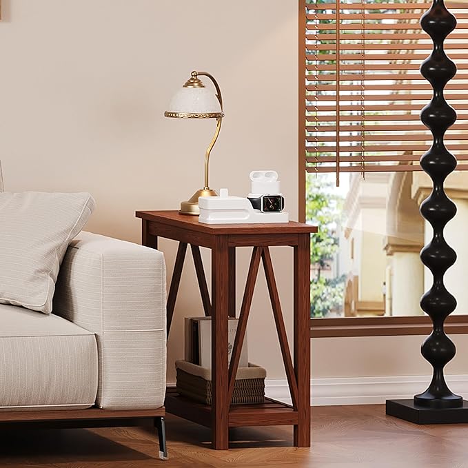 ChooChoo Farmhouse End Table Set of 2, Rustic Vintage Narrow End Side Table with Storage Shelf for Small Spaces, Nightstand Sofa Table for Living Room, Bedroom Walnut