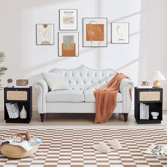 16" Nightstands Set of 2, Modern Retro Wooden Night Stands, Bed Side Table with Drawer and Open Shelf, End Table for Small Space, Linen Decor Boho Side Table for Bedroom,Dorm, Living Room (Black)