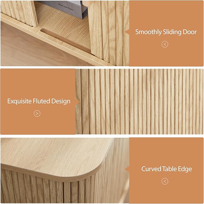 AVZEAR 24" Large Square End Table with Charging Station, Farmhouse Fluted Sofa Side Table with Sliding Tambour Door & Storage, Curved Rustic Wood Nightstand for Living Room, Bedroom, Natural