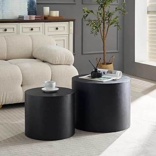 kevinplus Nesting Coffee Table Set of 2 for Living Room, Modern Round End Table Set, Wooden Circle Side Table and Accent Furniture for Bedroom Balcony Lounge Home Office, No Assembling, Matte Black
