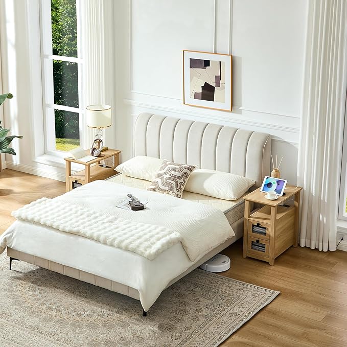 Farmhouse XXL End Table with Charging Station, Narrow Side Table with USB Ports and Outlets, Nightstand with 2 Drawers Storage, Bedside Tables for Living Room, Bedroom, Wooden Color