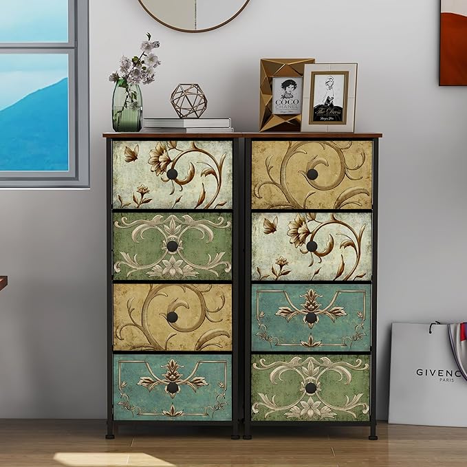 Tohomeor Small Dresser for Bedroom with Retro Flower Narrow Drawers Slim Chest of Drawers Skinny Nightstand Sofa End Table for Living Room Entryway Closet Storage (Multi, 4 Drawers)