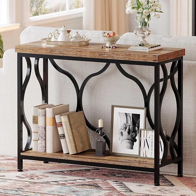 IBF 39.4" Narrow Console Table, Farmhouse Entryway Table in Living Room Hallway Foyer Entrance, Industrial Wood Metal Sofa Table Entry way Behind Couch Tables with 2-Tier Storage Shelves, Rustic Brown