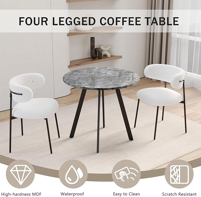 Round Dining Table, Modern Small Round Coffee Table, 33.5'' Mid-Century Round Leisure Table with Four Iron Legs for 2-4 Person, Suitable for Living Room, Kitchen, Cafe and Home Office