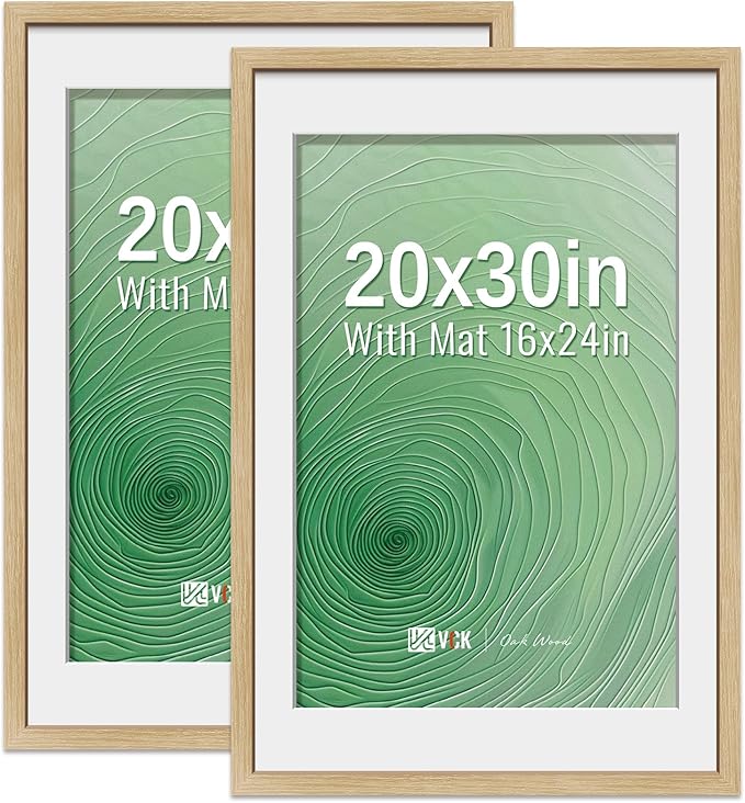 VCK 20x30 Poster Frame 2 Pack - Natural Oak, High-End Wood Picture Frames with Polished Plexiglass, Display 16x24 Photo with Mat or 20x30 without Mat, Art Gallery-Quality, Wall Hanging, Natural Oak